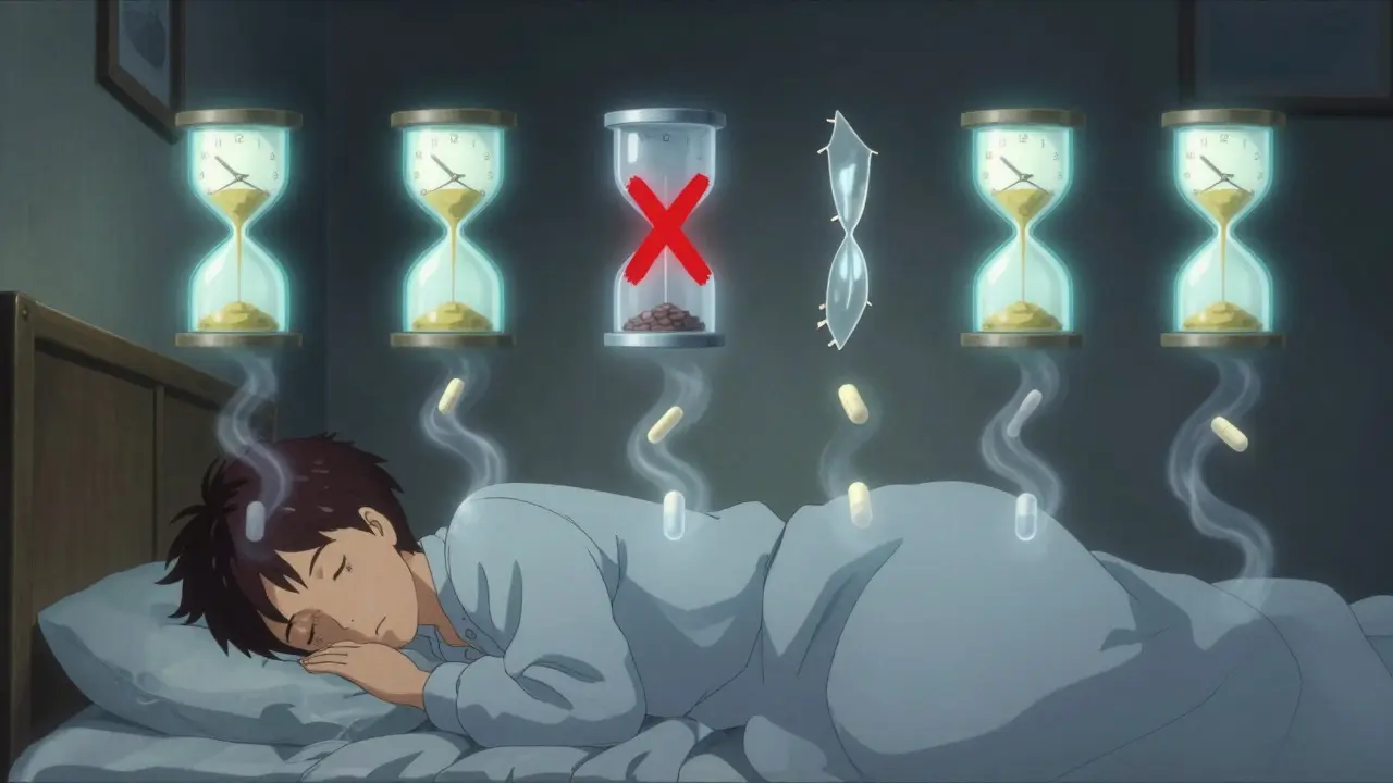 A sleeping patient with ghostly pills and hourglasses representing five half-lives of drug clearance.