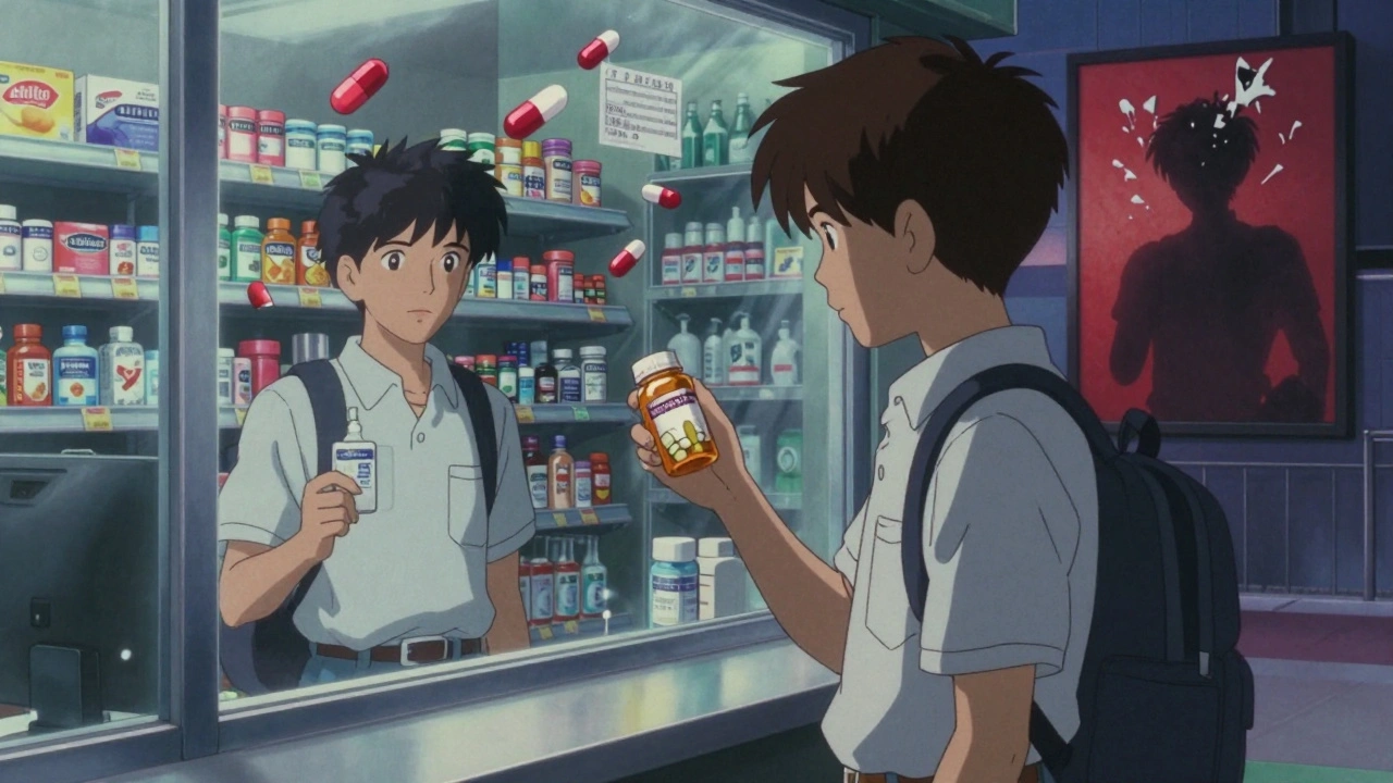 A teen at a pharmacy watches brand logos dissolve as generic pills multiply, symbolizing understanding and empowerment.