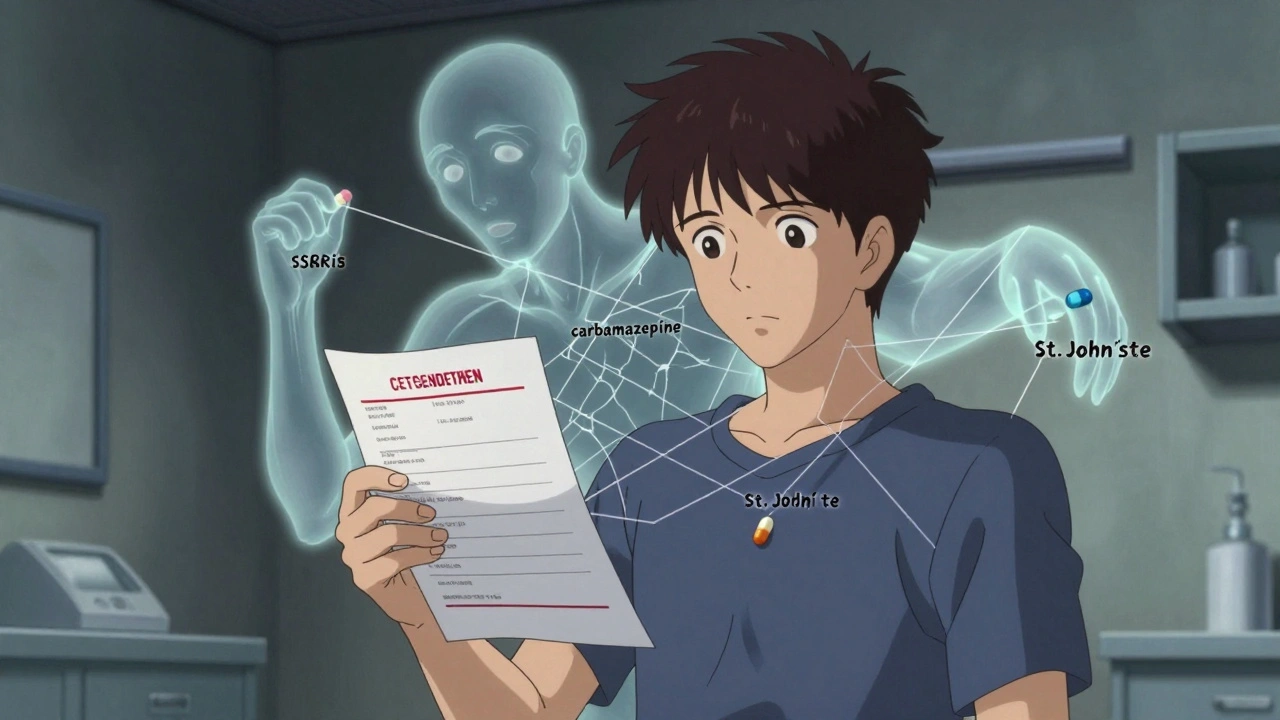 A transgender man in a clinic, haunted by a fragmented enzyme figure, staring at a blood test with conflicting medication lines.