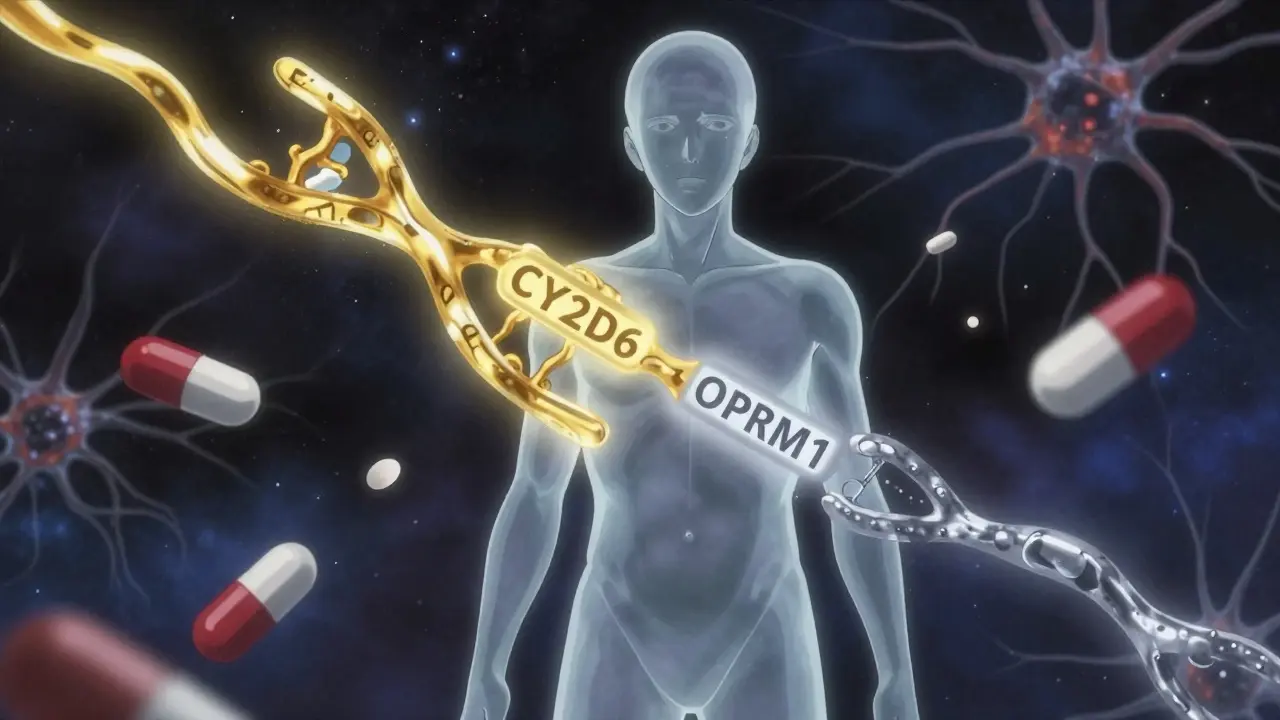 A translucent person with glowing genetic strands, drug molecules interacting differently with each variant.