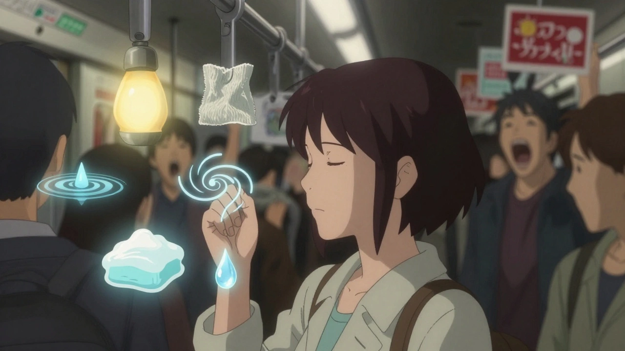 A woman grounding herself in a busy subway, sensory icons floating around her amid blurred crowds.