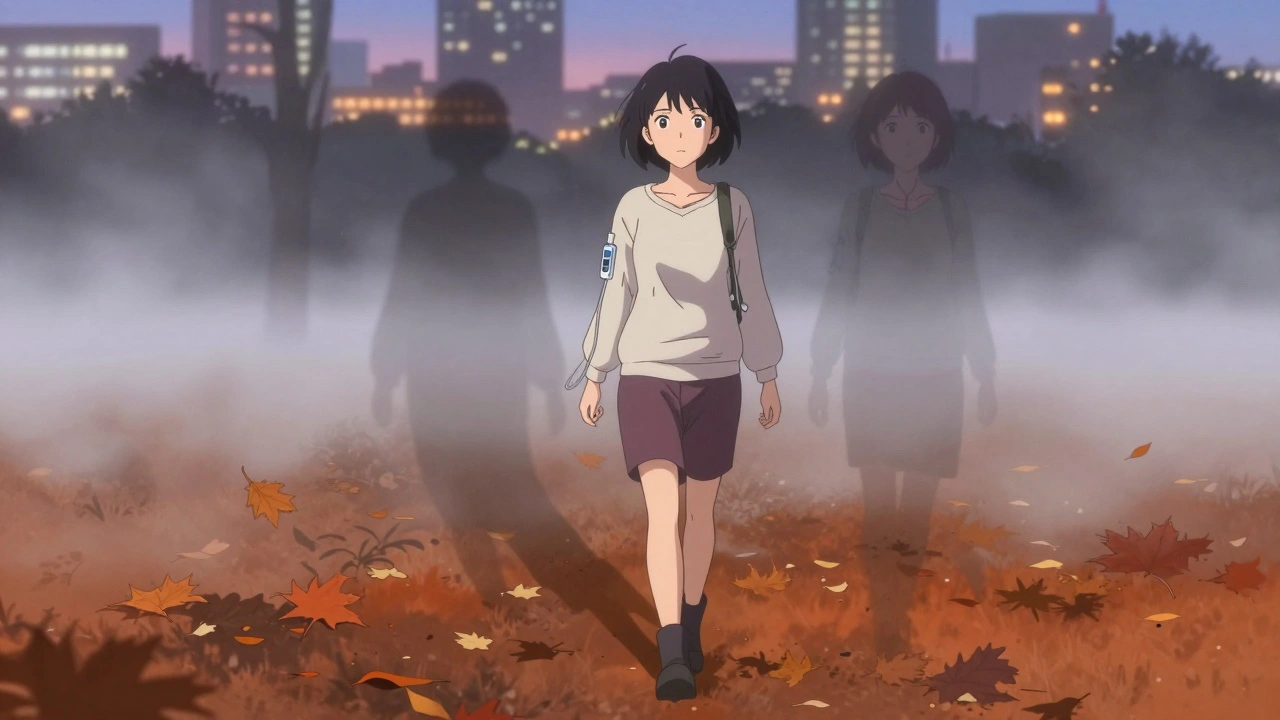 A woman walking through foggy park, her shadow split into two forms representing diabetes and thyroid disease.