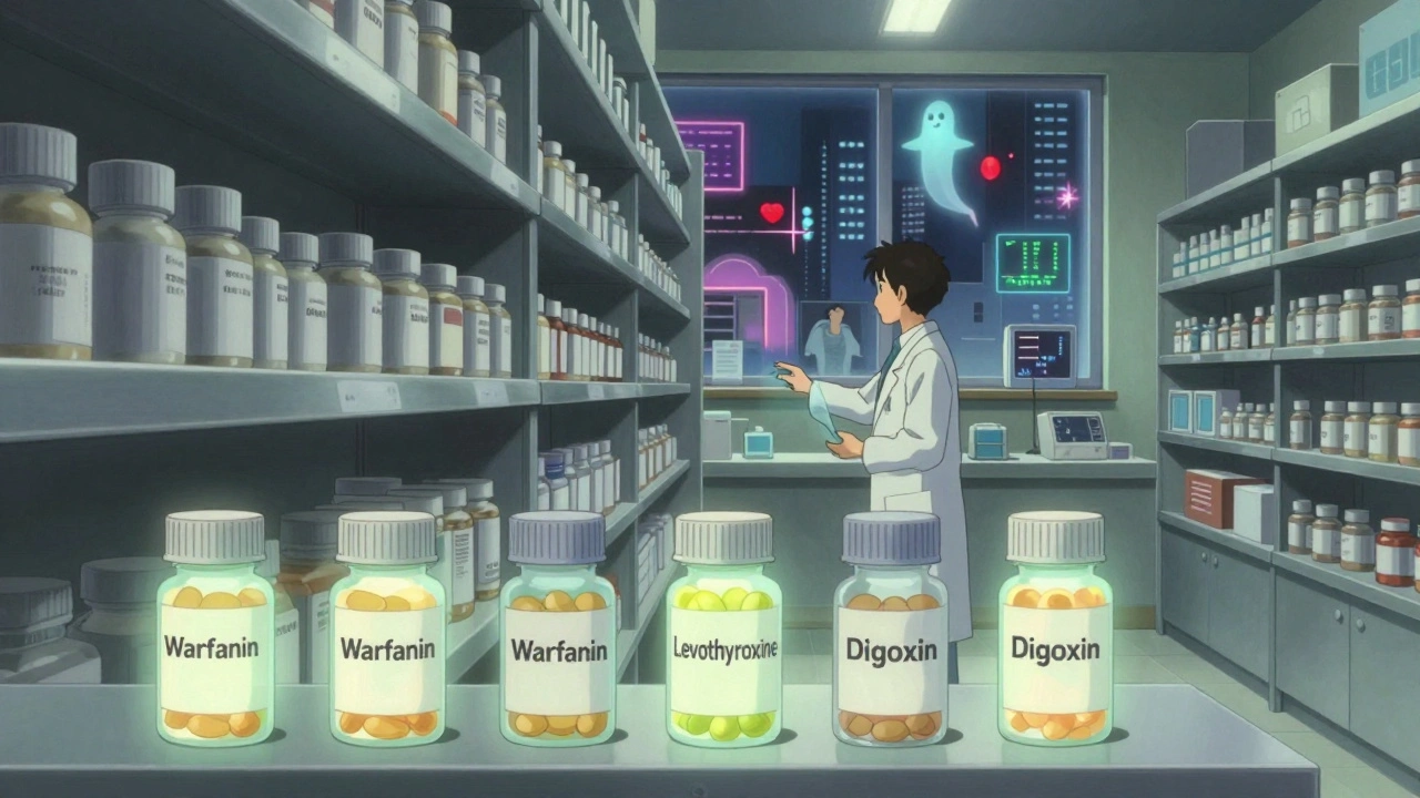 An endless pharmacy shelf with only six glowing generic bottles among hundreds of brand-name drugs, a pharmacist reaching toward one.
