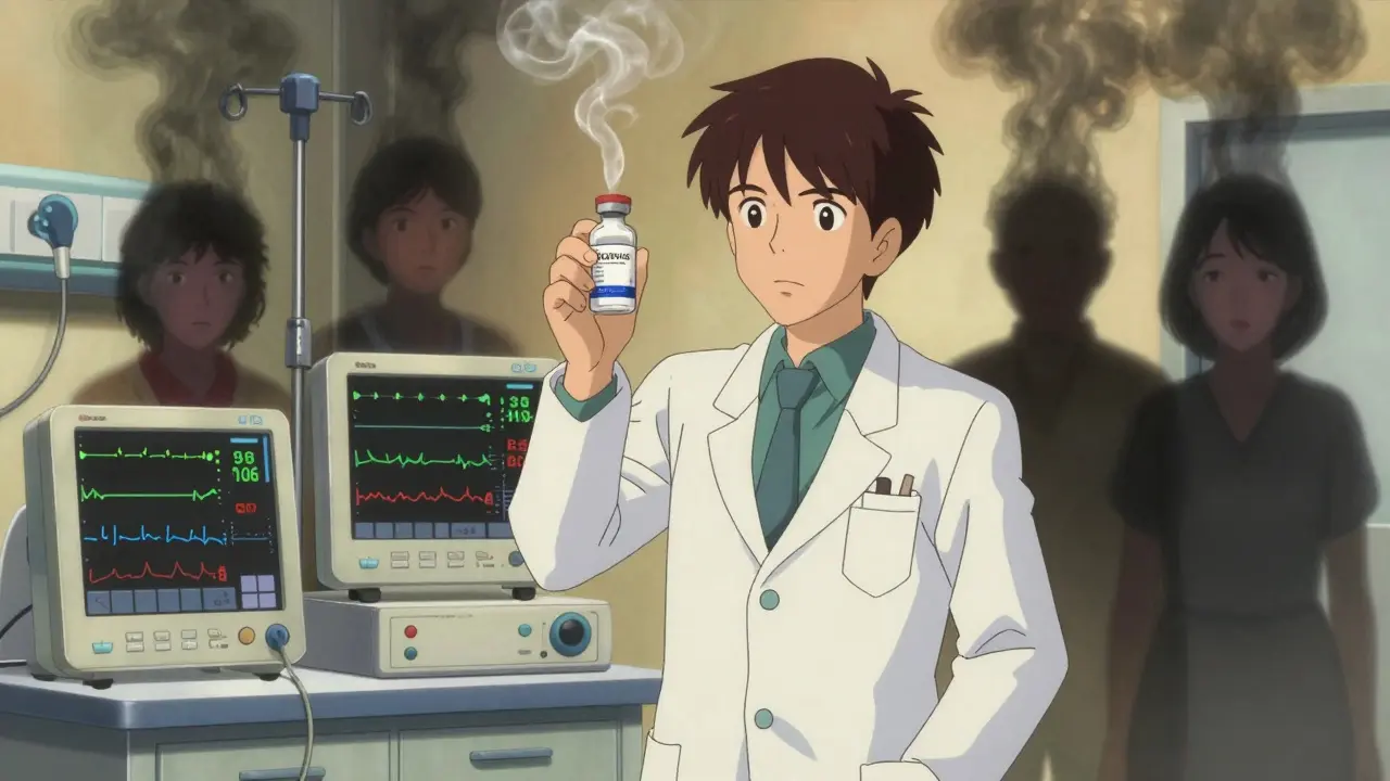 An oncologist holds a brand drug as biosimilar versions vanish into smoke beside struggling patients.