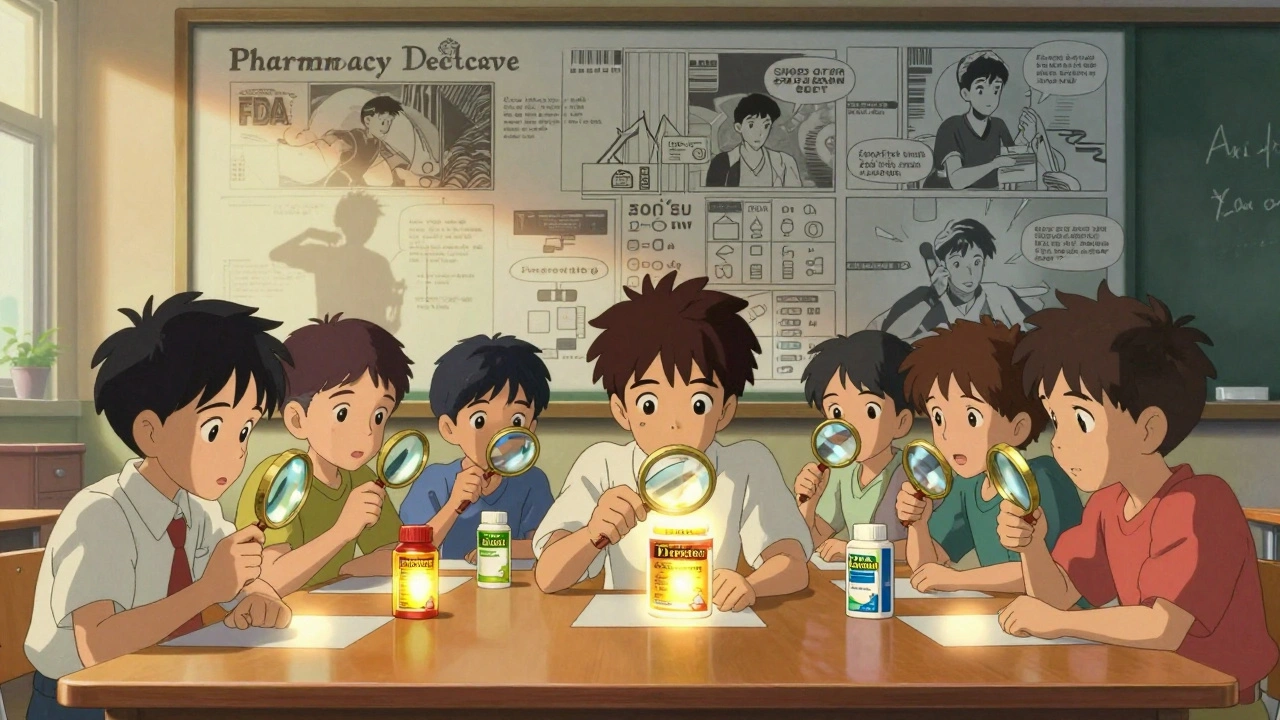 Children use magnifying glasses to compare medicine labels in a classroom, with glowing text highlighting identical ingredients.