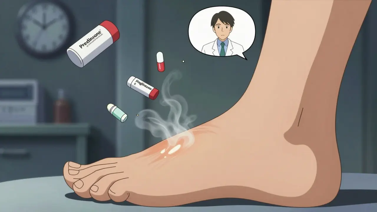 Close-up of pitting edema with medication labels dissolving into smoke, symbolic of drug side effects.