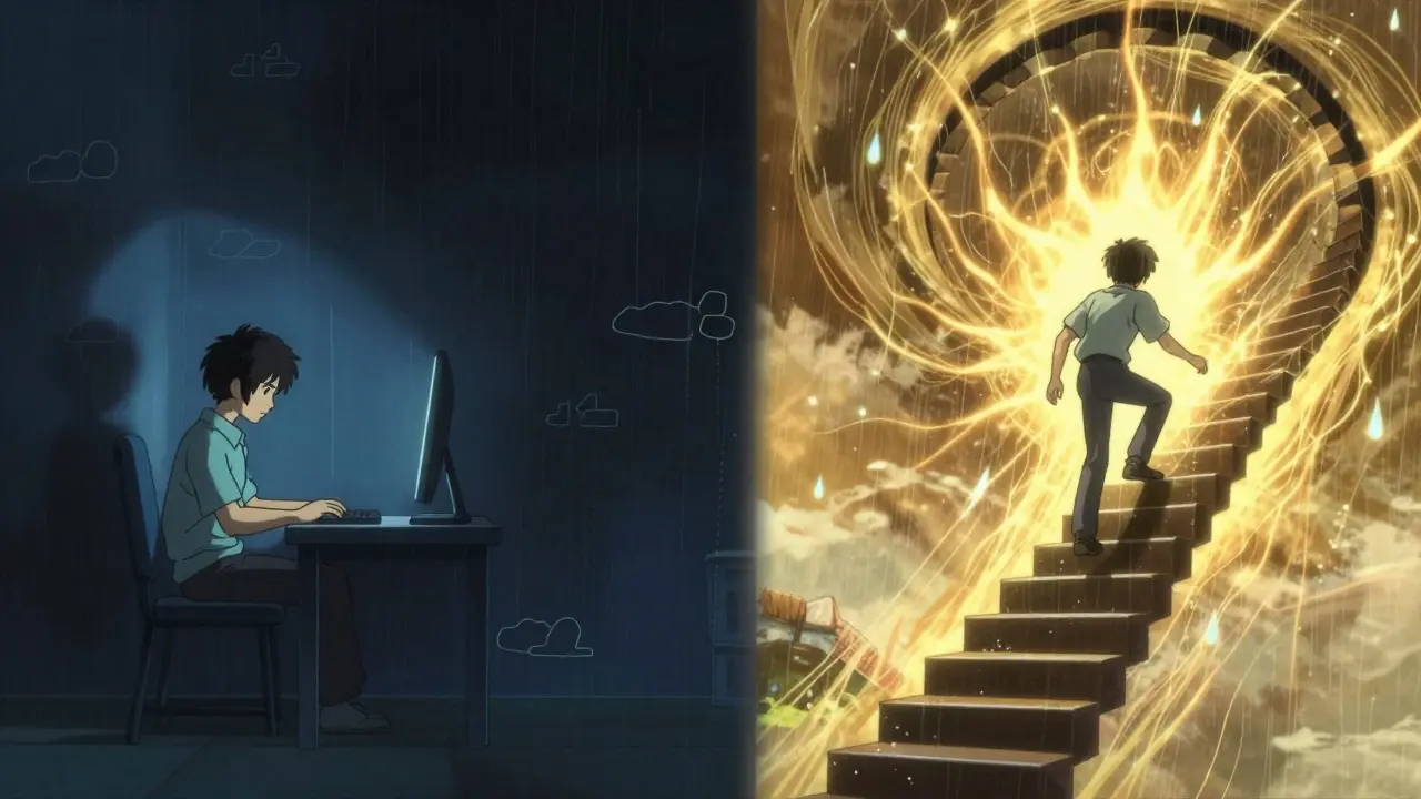 Contrasting scenes of sitting still versus climbing stairs with radiant energy.