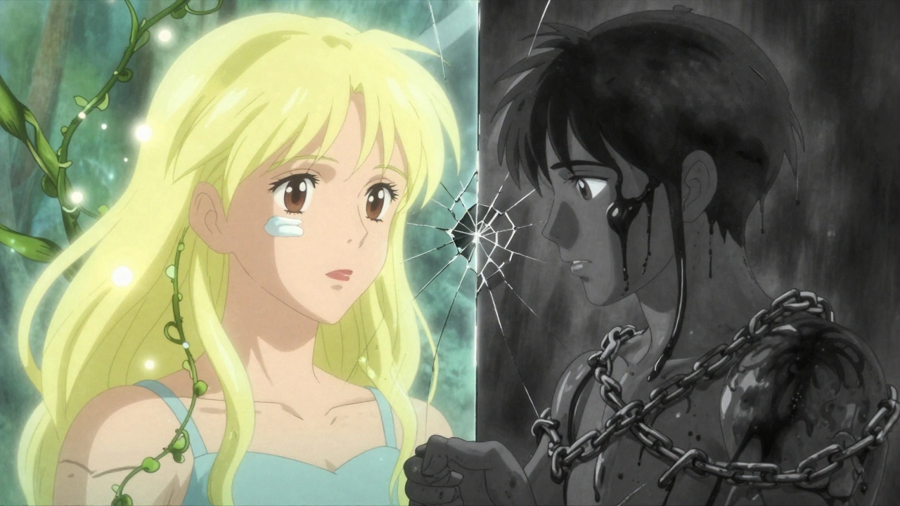 Contrasting scenes of skin repigmentation versus depigmentation in surreal anime style.