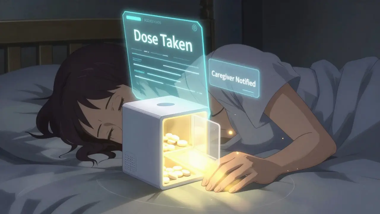 Digital pill dispenser glowing in a bedroom with floating holographic alerts.