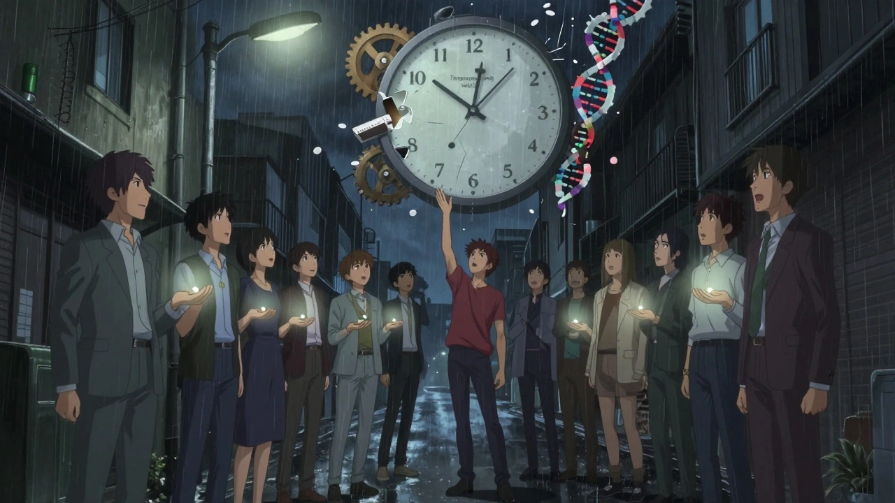 Diverse transgender people in a rainy alley, each holding a pill as a floating clock of DNA and drugs glows above them.