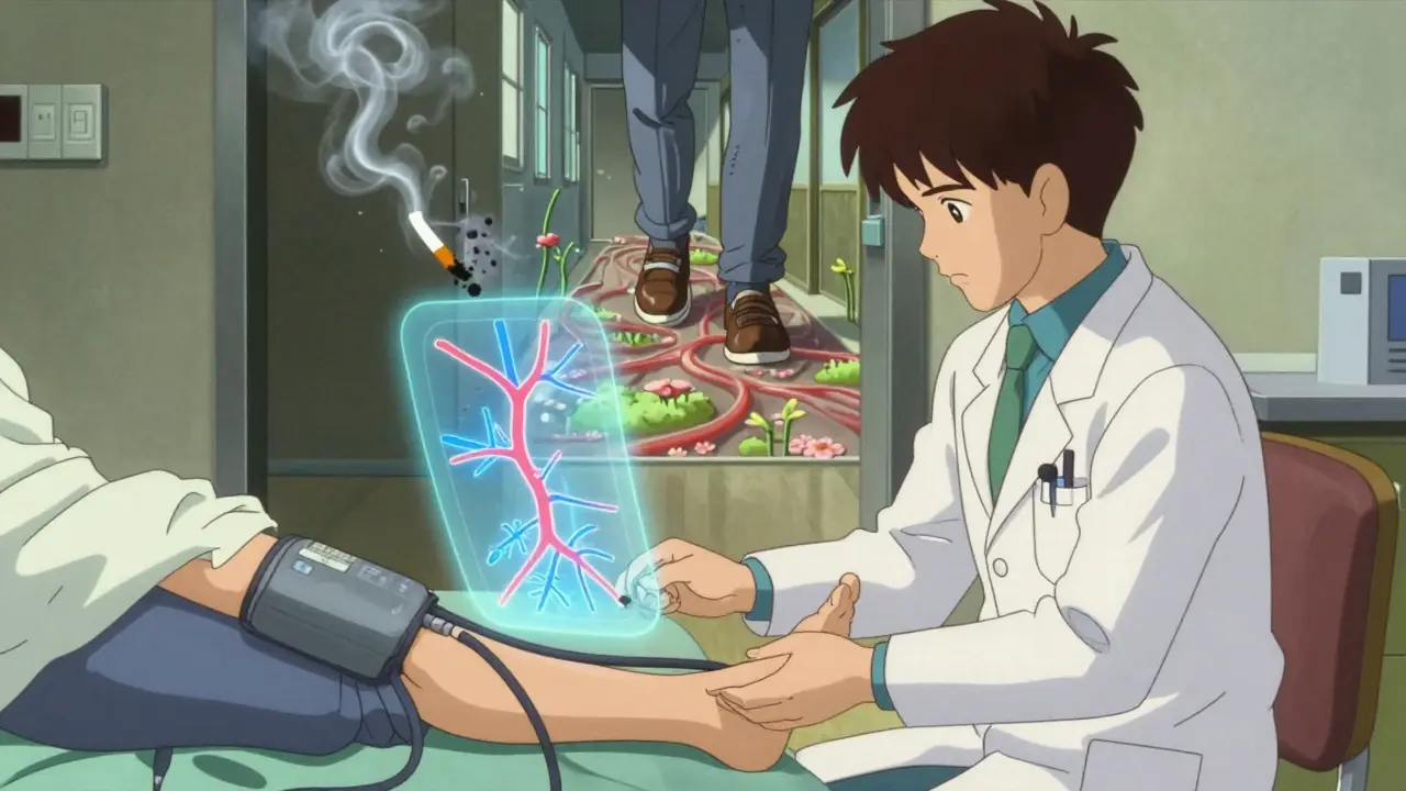 Doctor measuring ankle blood pressure with glowing arterial overlay showing flow imbalance.