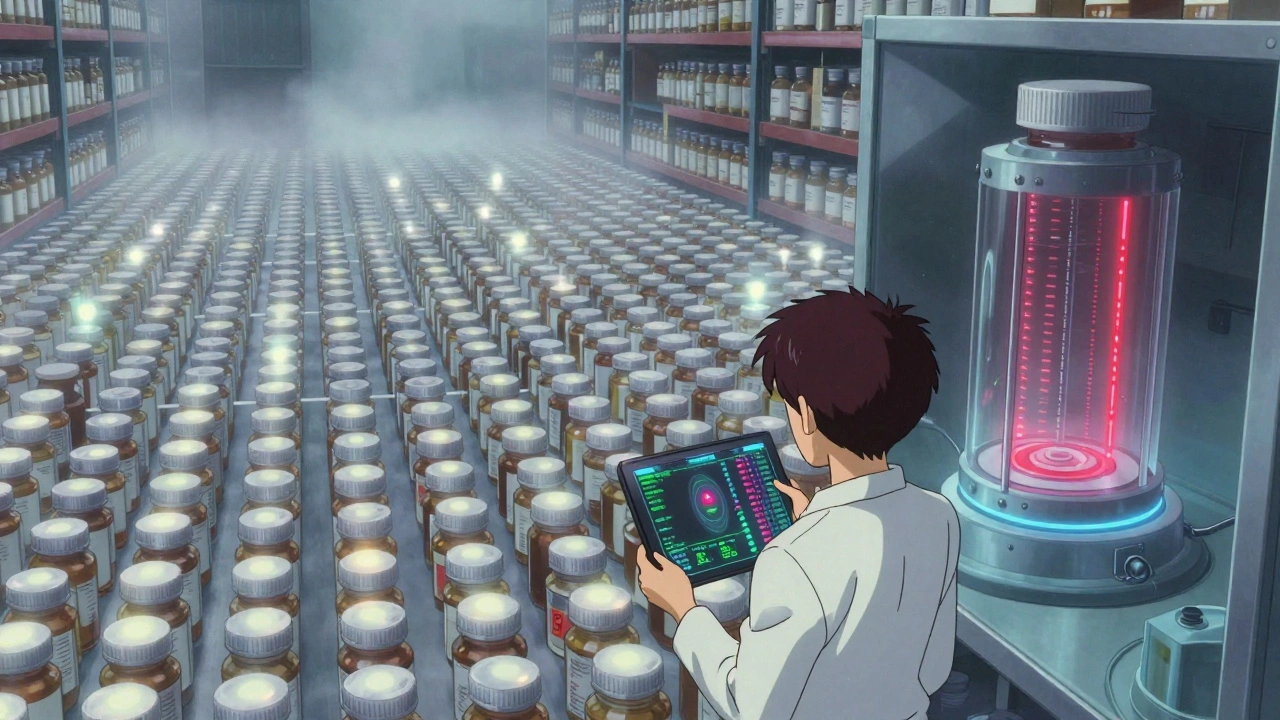 Endless warehouse of pill bottles with flickering lights, a technician monitoring blockchain stability data.