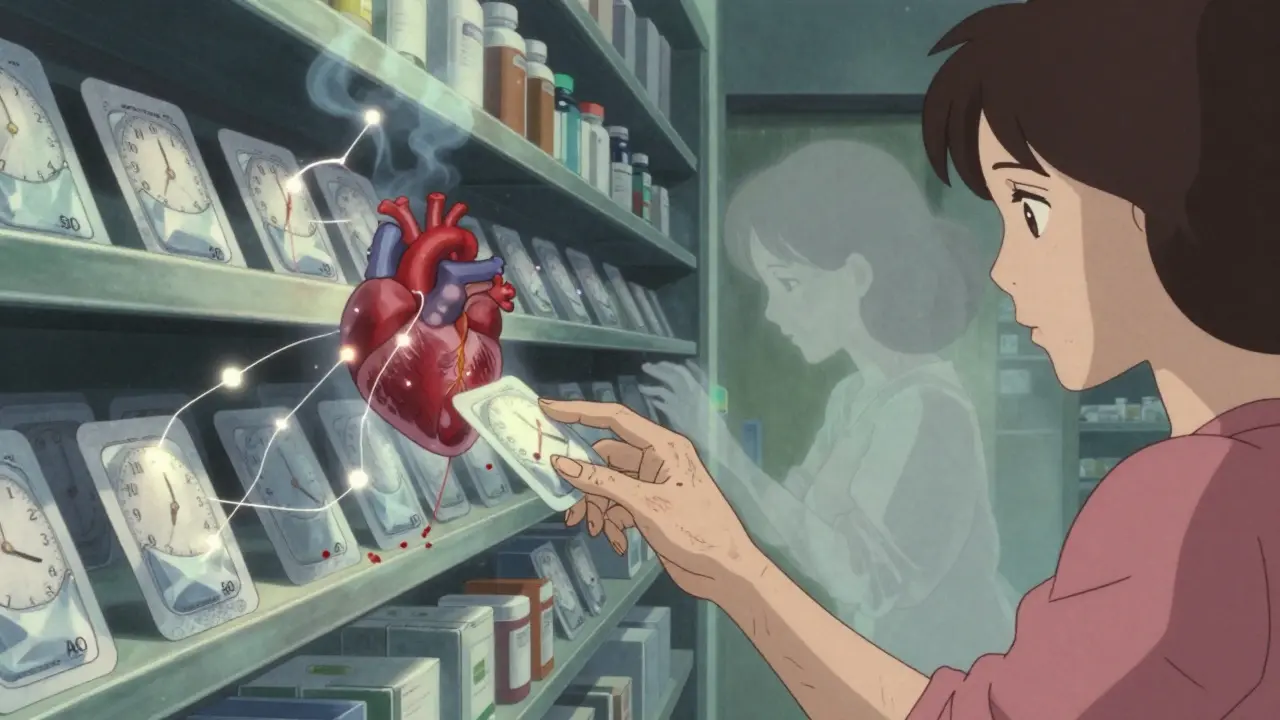Floating blister packs connected to a woman's heart in a surreal pharmacy scene.
