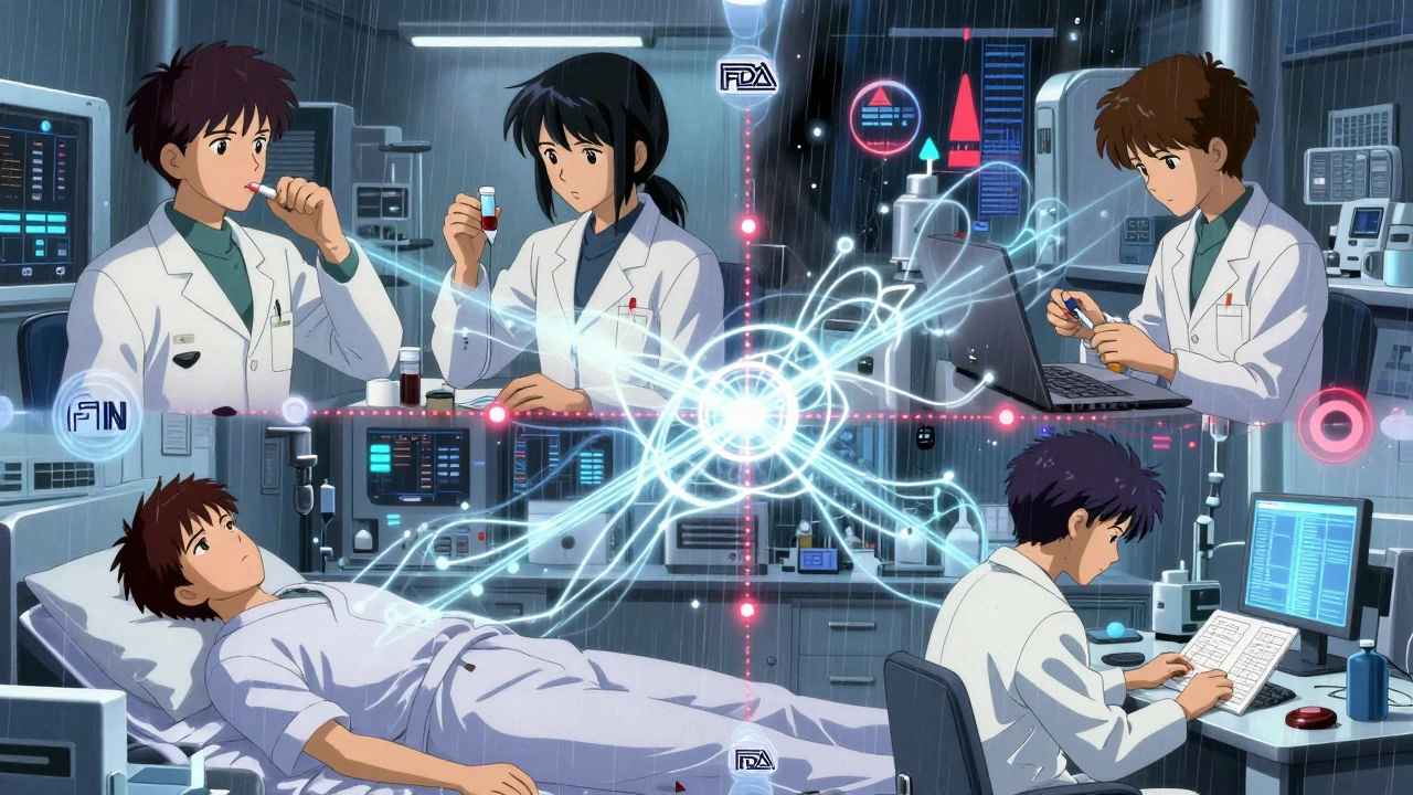 Four versions of a patient in a lab, connected by glowing bioequivalence pathways, with abstract statistical data melting in the background.