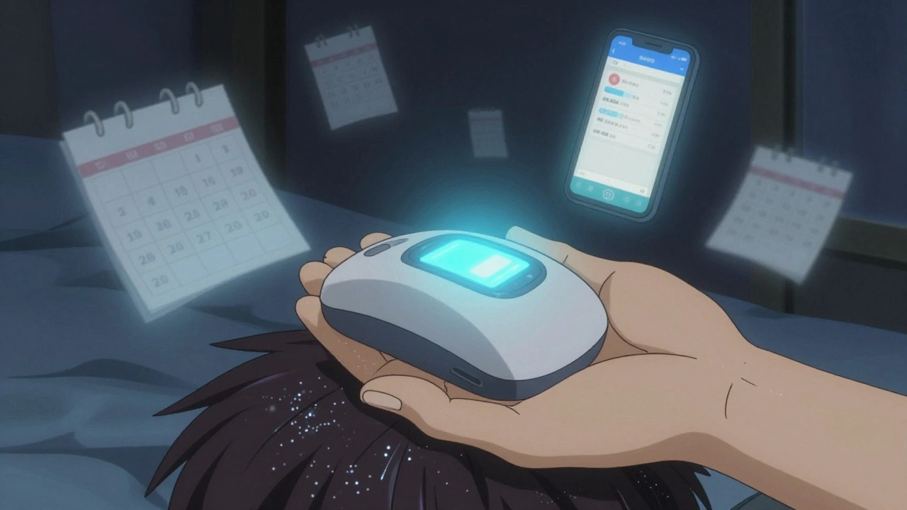 Home phototherapy device glows as new color emerges around hairs on a hand.