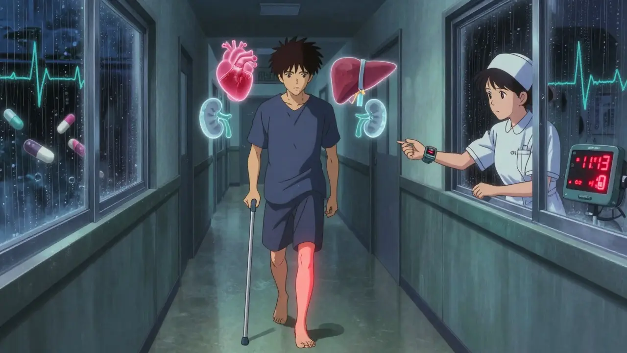 Patient walking with swollen leg as medical icons float behind them in a hospital hallway.