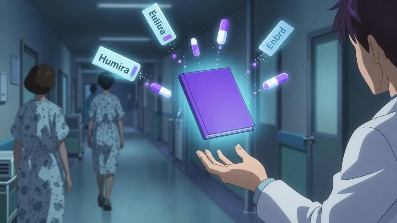 Patients passing dissolving brand drugs as biosimilars appear, a doctor reaching out in hesitation.