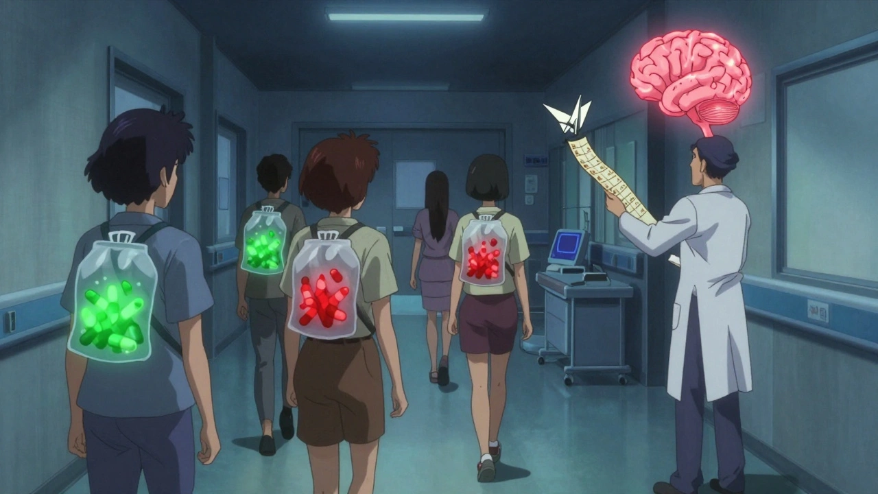Patients walk down a hospital corridor carrying pill bags, while a doctor holds a tapering schedule turning into origami cranes.