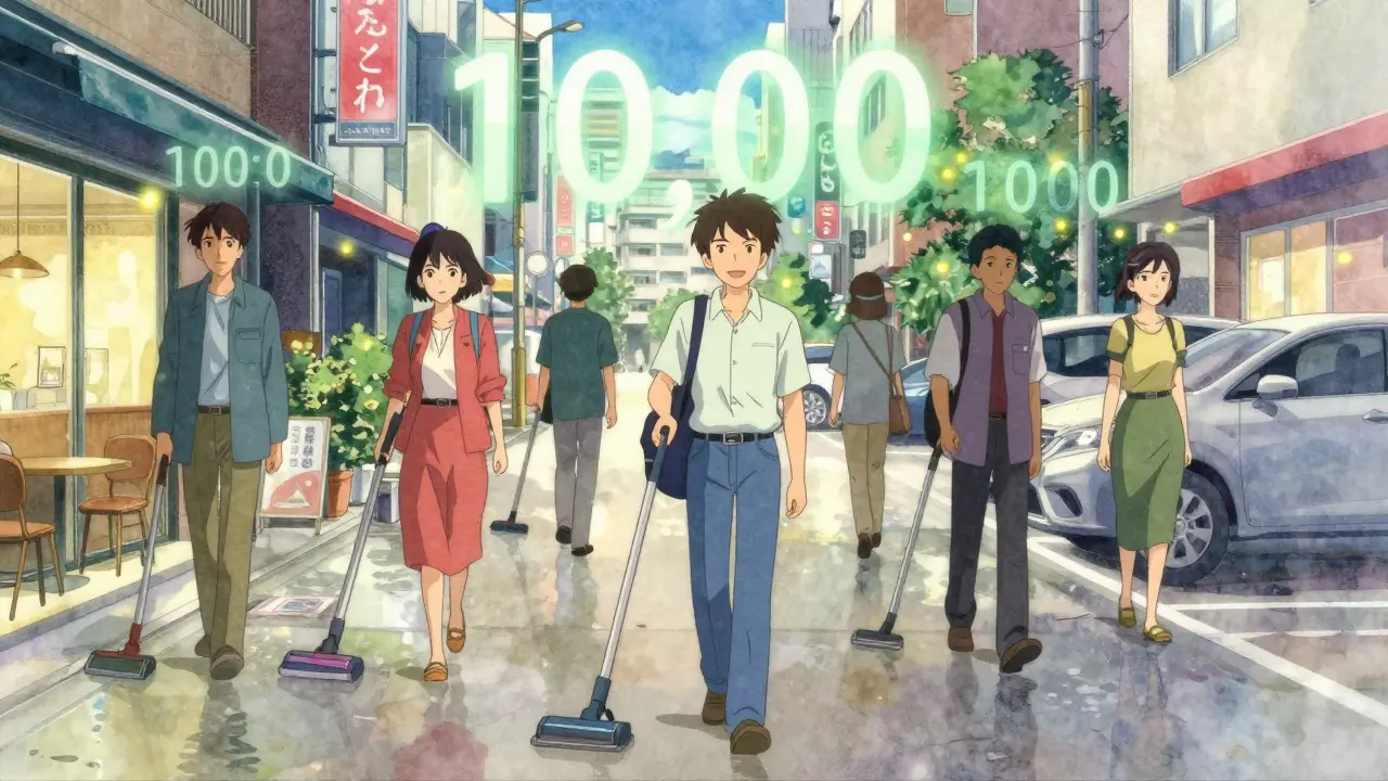 People moving through daily life with floating calorie counters like fireflies.