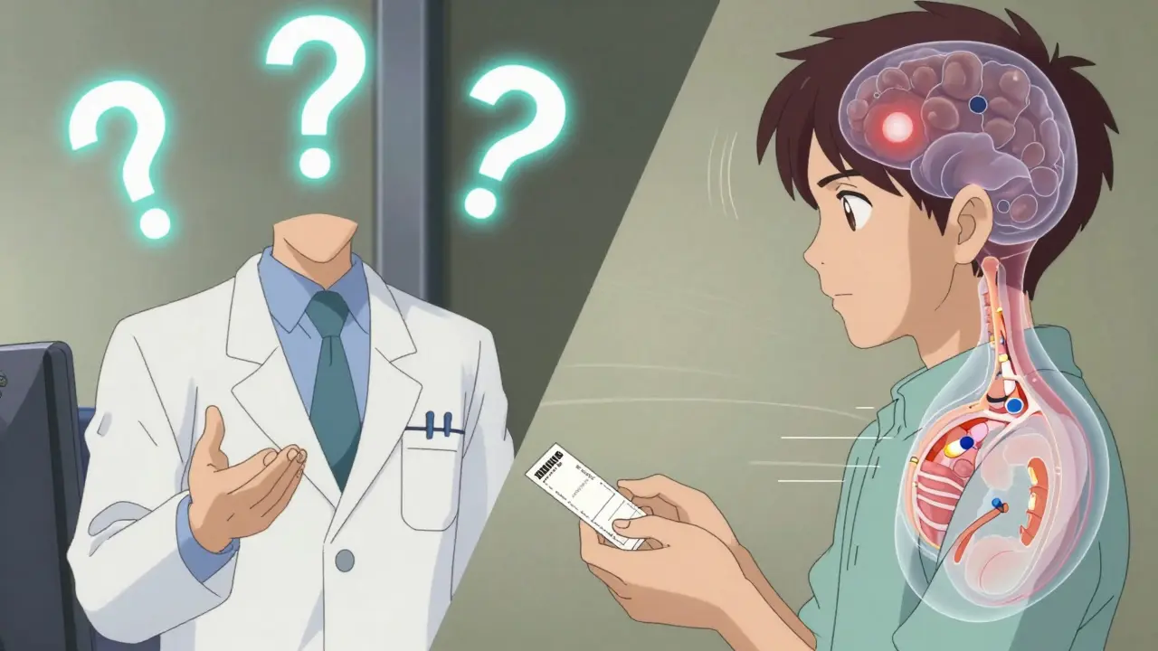 Pharmacist and young patient in a split scene with medical concepts visualized as glowing symbols in the air.