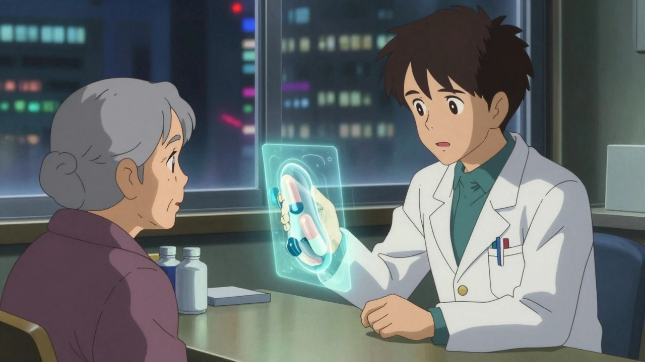 Pharmacist explaining to an elderly patient as a glowing schematic of a tablet reveals identical internal structures.