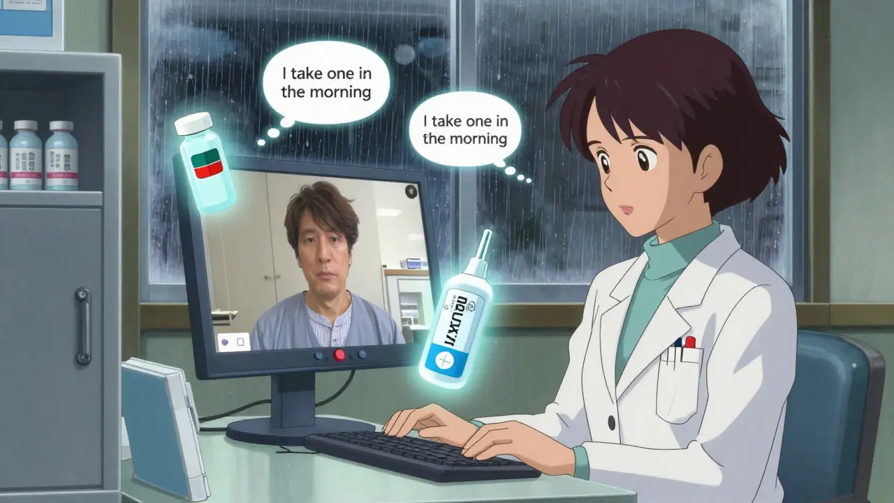 Pharmacist on video call with floating holograms of medication and safety items, teach-back phrases drifting between them.