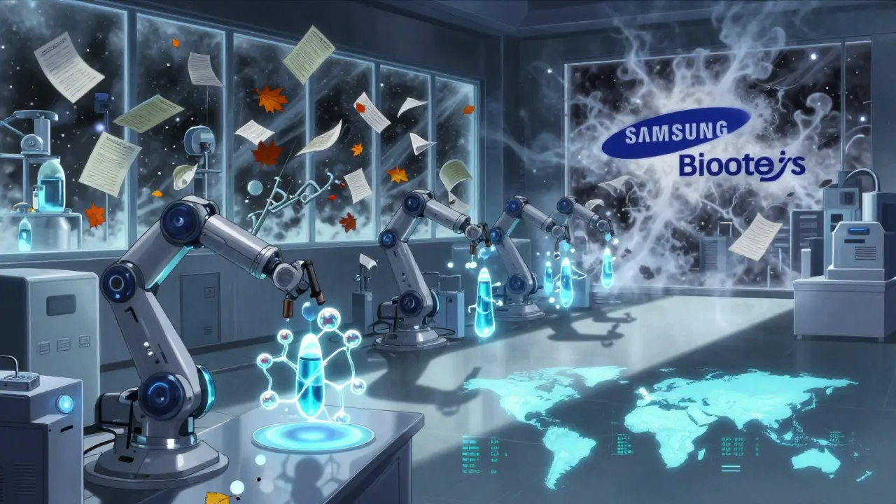 Robotic arms assembling antibody molecules in a glowing biotech facility, patent documents dissolving around them.