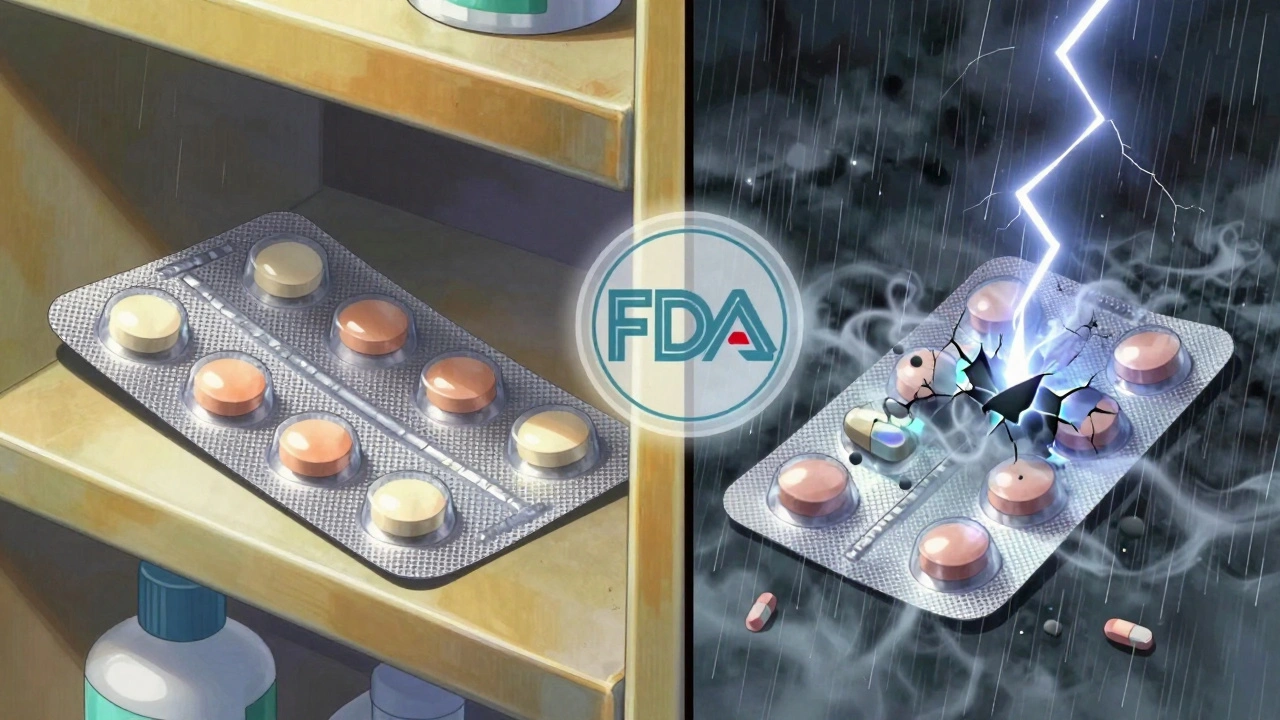 Side-by-side scenes: stable pills in sunlight vs. same pills degrading under stormy conditions.