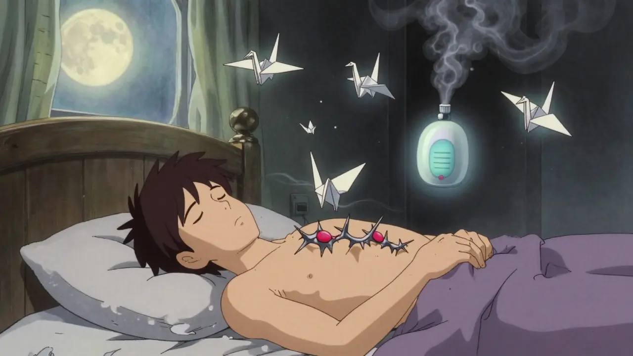 Sleeping man with decongestant pills turning into thorns above his chest, while healing sprays glow softly in moonlight.