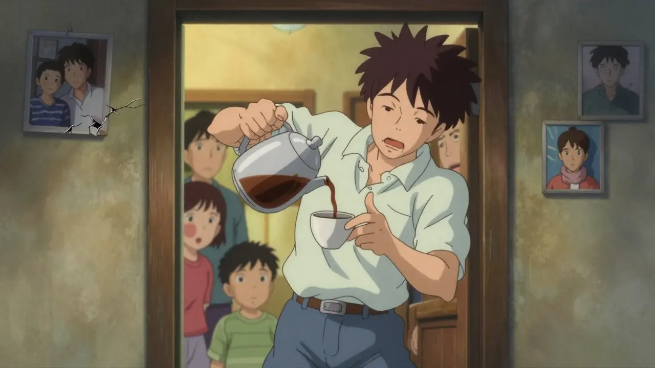 Someone with involuntary movements trying to pour coffee, family watching from afar in a warm-lit home.