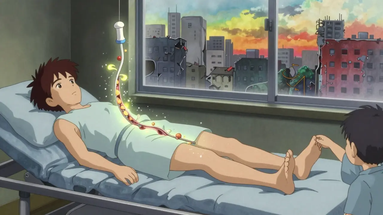 Stent unfolding like a vine inside artery, plaque dissolving into light, city transforming from gray to vibrant.