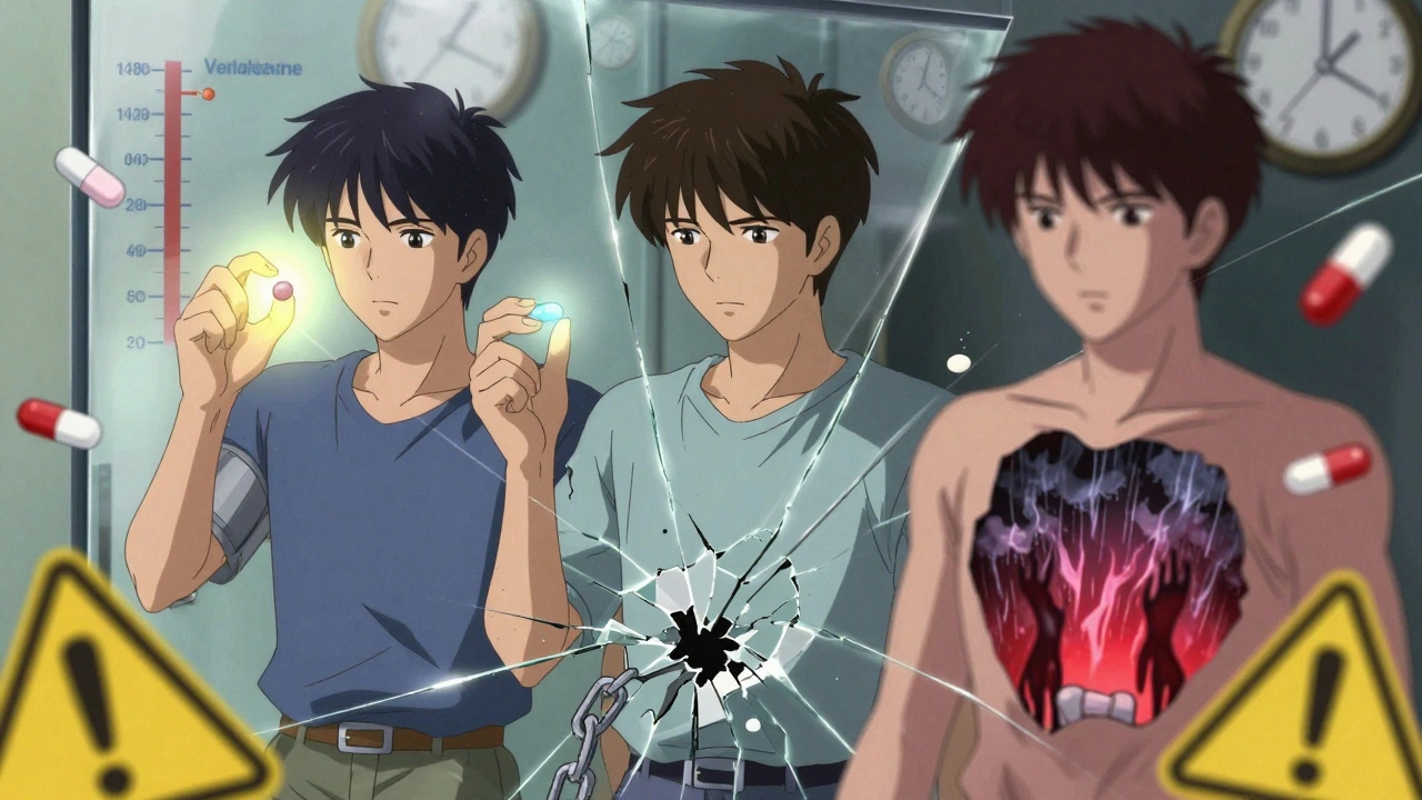 Three fractured reflections of a person show the effects of venlafaxine, duloxetine, and sexual side effects from SNRIs.