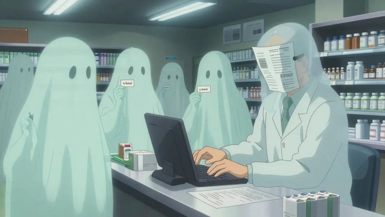 Translucent patient ghosts hold drug labels behind customers at a pharmacy counter, while the pharmacist's face is hidden by paperwork.