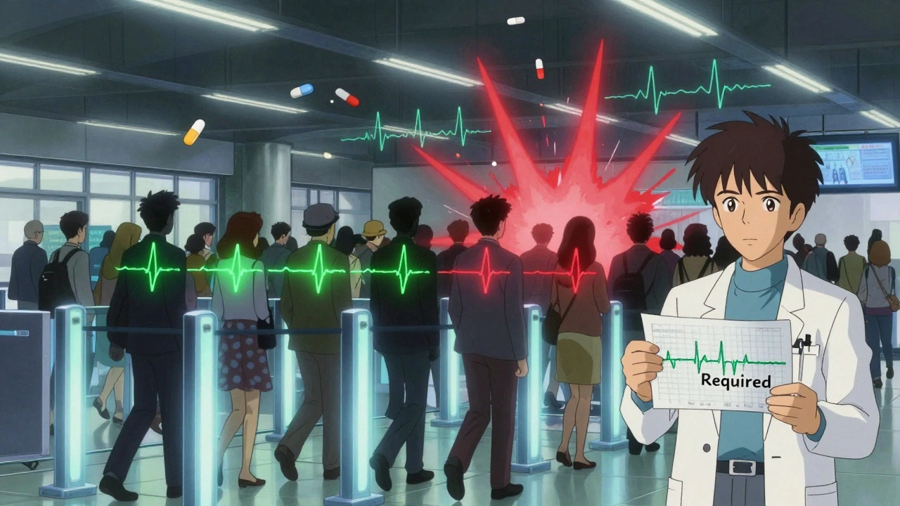 Travelers in an airport have visible QT countdowns in their silhouettes, some flickering red as drug interactions explode behind them.