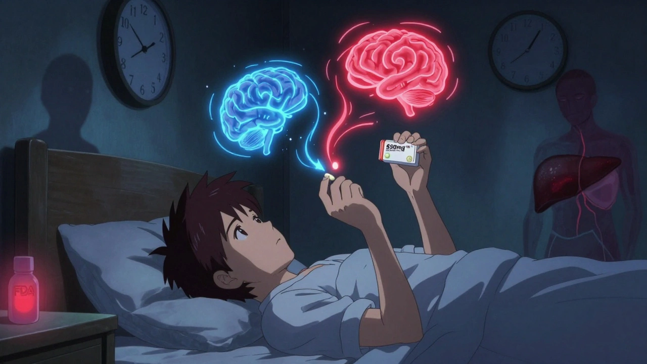 Two pills hovering above a person in bed, their light spirals intertwining, while shadowy organs observe in the dark.