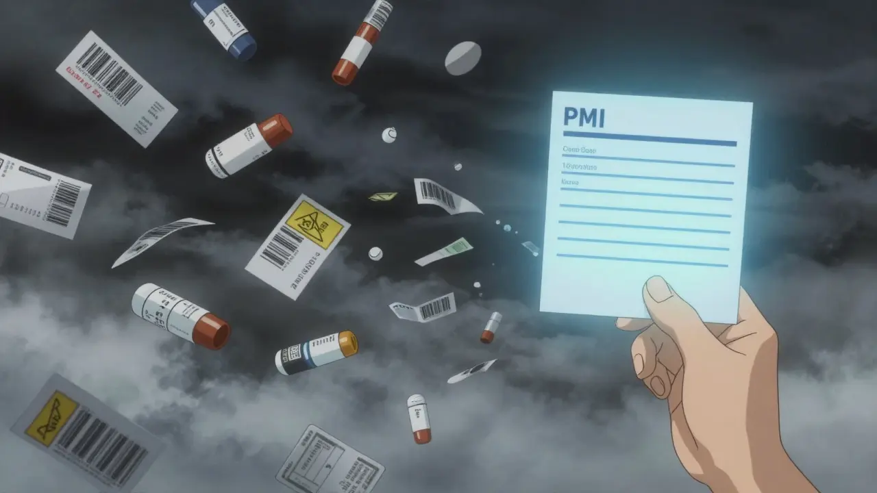 A chaotic storm of prescription labels vs. a single clean standardized label glowing with calm light.