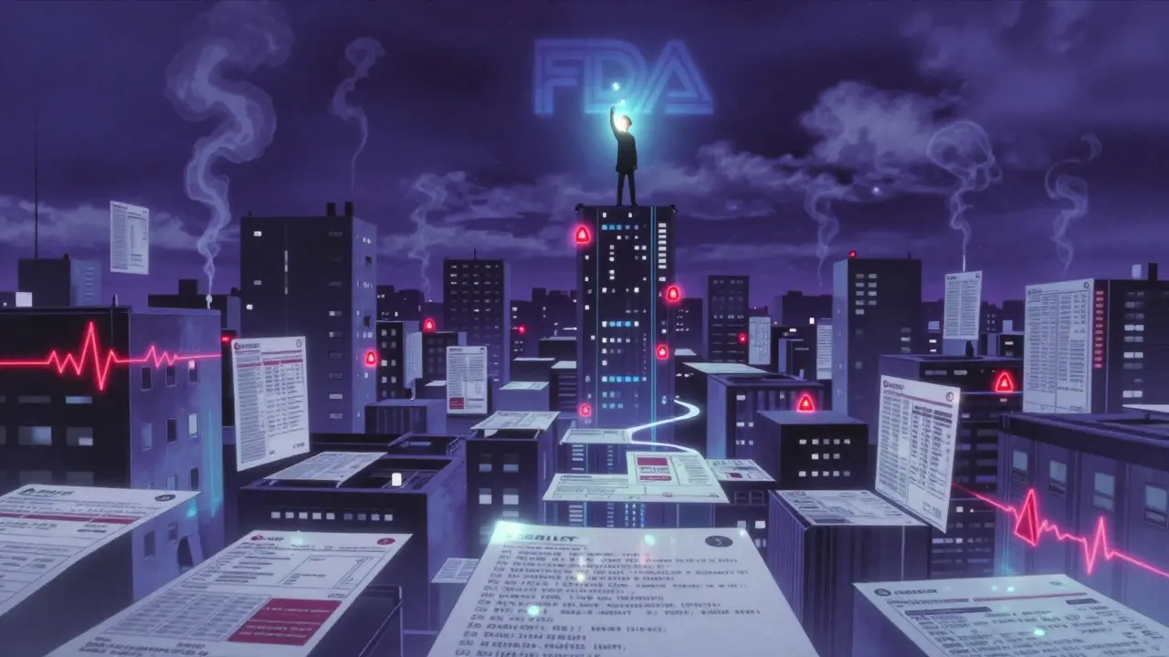 A city of drug labels with glowing safety reports rising into the sky like smoke.