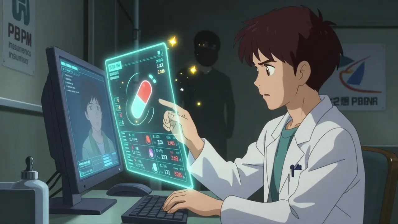 A doctor viewing a holographic drug price interface in a clinic, patient's face reflected on the screen.