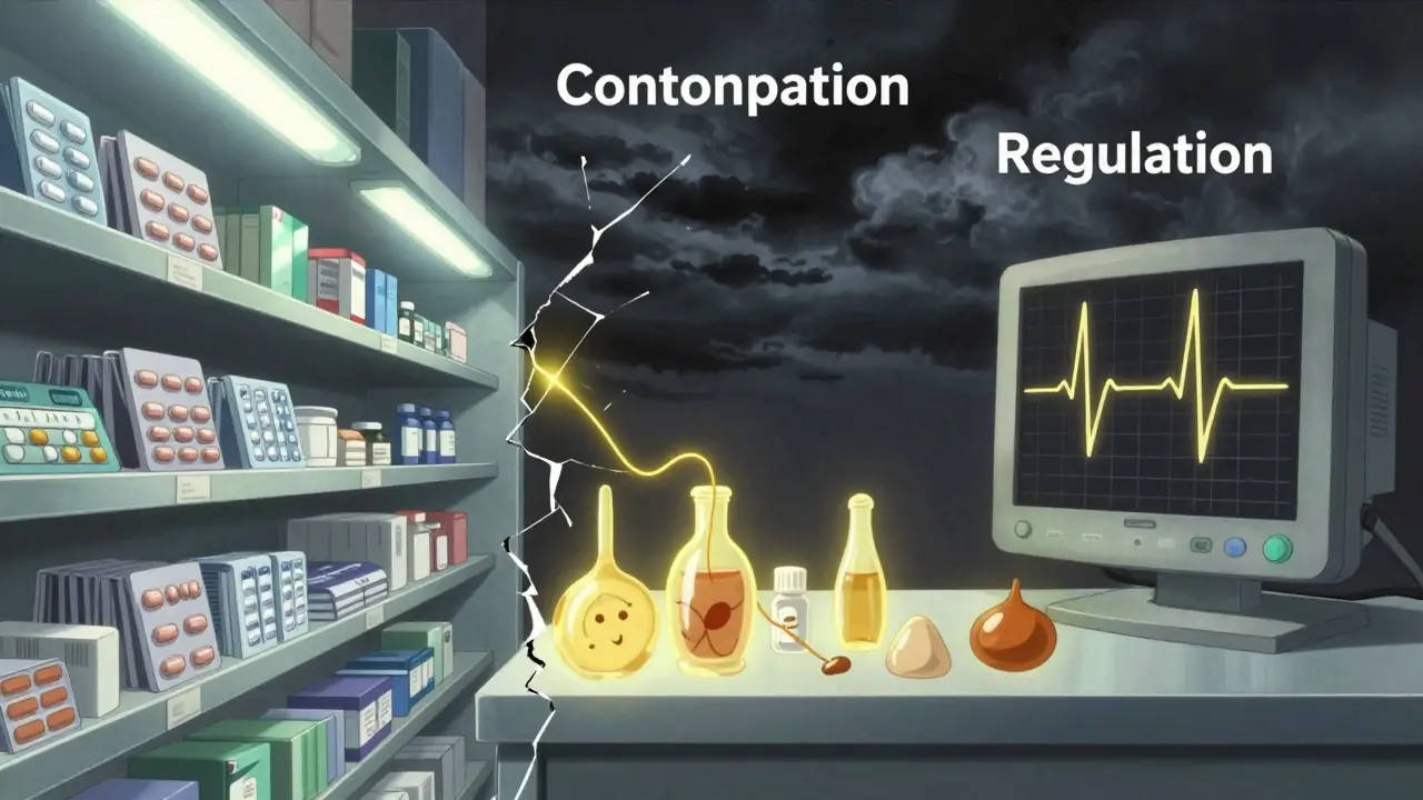 A fractured pharmacy shelf showing mass-produced pills versus handcrafted compounded meds connected by a golden thread to a heartbeat monitor.