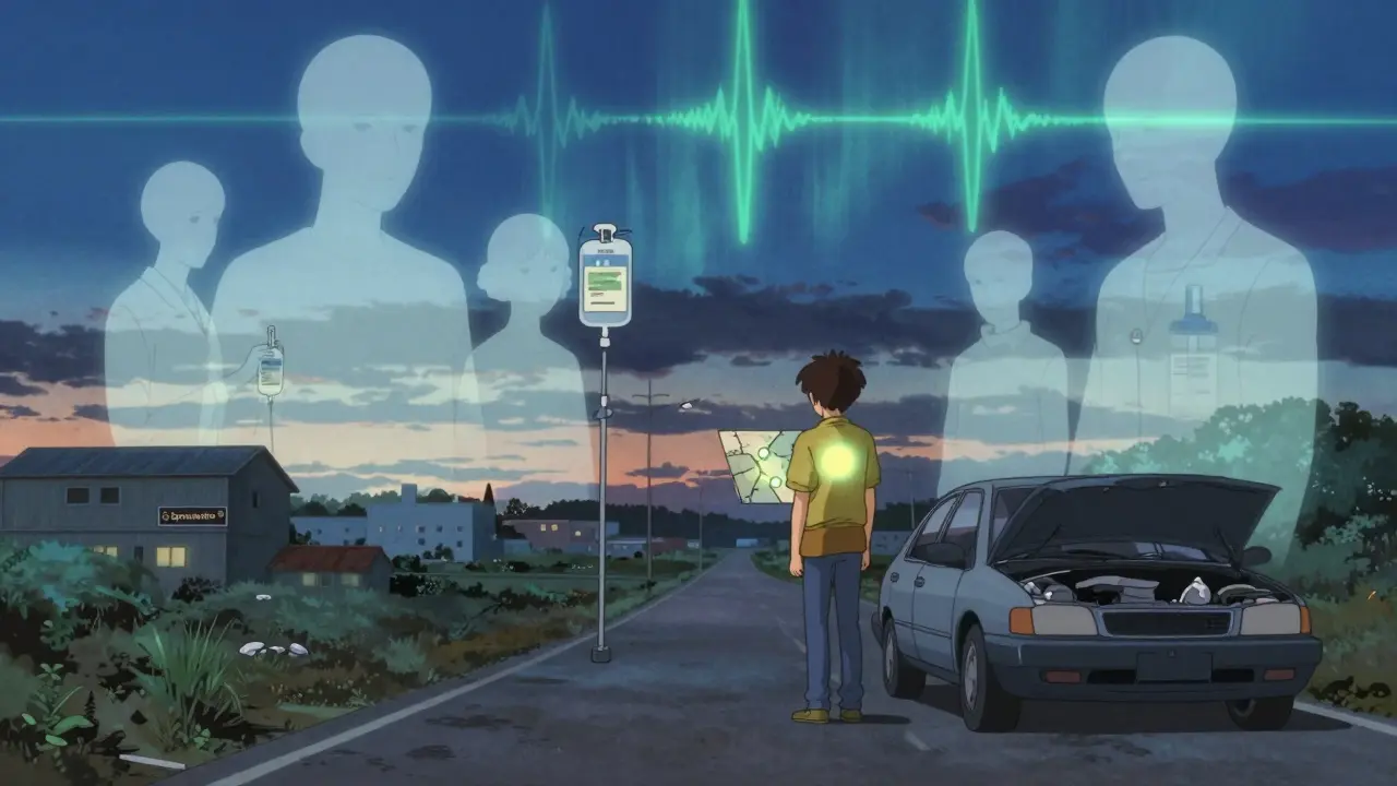 A lone figure on a rural road staring at a map with few treatment centers, ghostly figures in clinics visible behind them under aurora-like brain waves.
