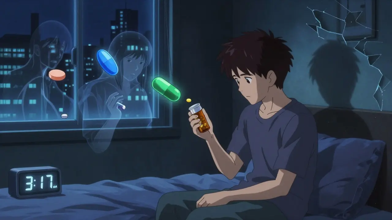 A person sits alone at night surrounded by floating ghostly images of past pill appearances, illuminated by cold city lights.