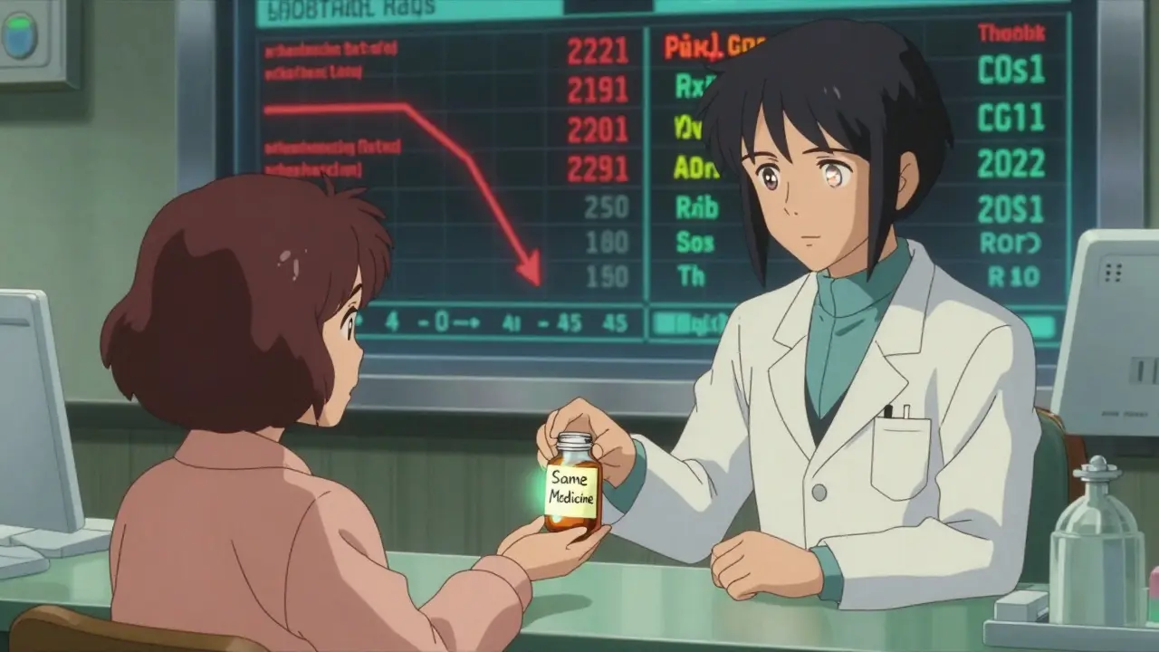 A pharmacist hands a pill bottle to a patient, with digital data streams and holographic pill images reflecting in the patient's eyes.
