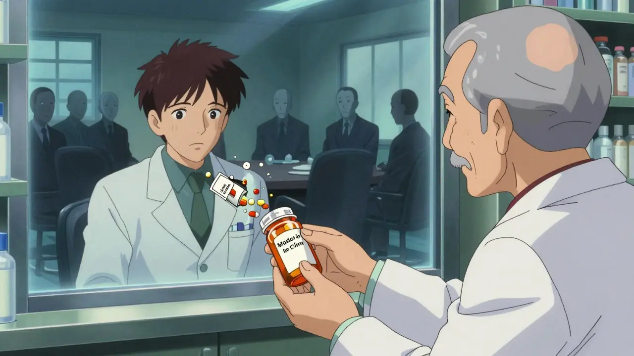 A pharmacist hands a pill bottle to an elderly patient, whose reflection shows their body breaking into pills labeled with foreign manufacturing sites.