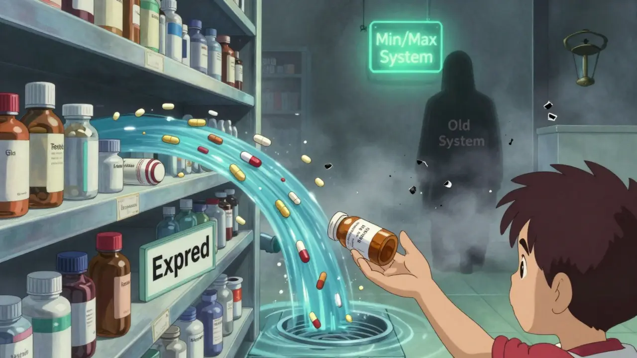 A river of pills flows toward an 'Expired' drain, a child catches one mid-fall, while an old system crumbles and a min/max system glows above.