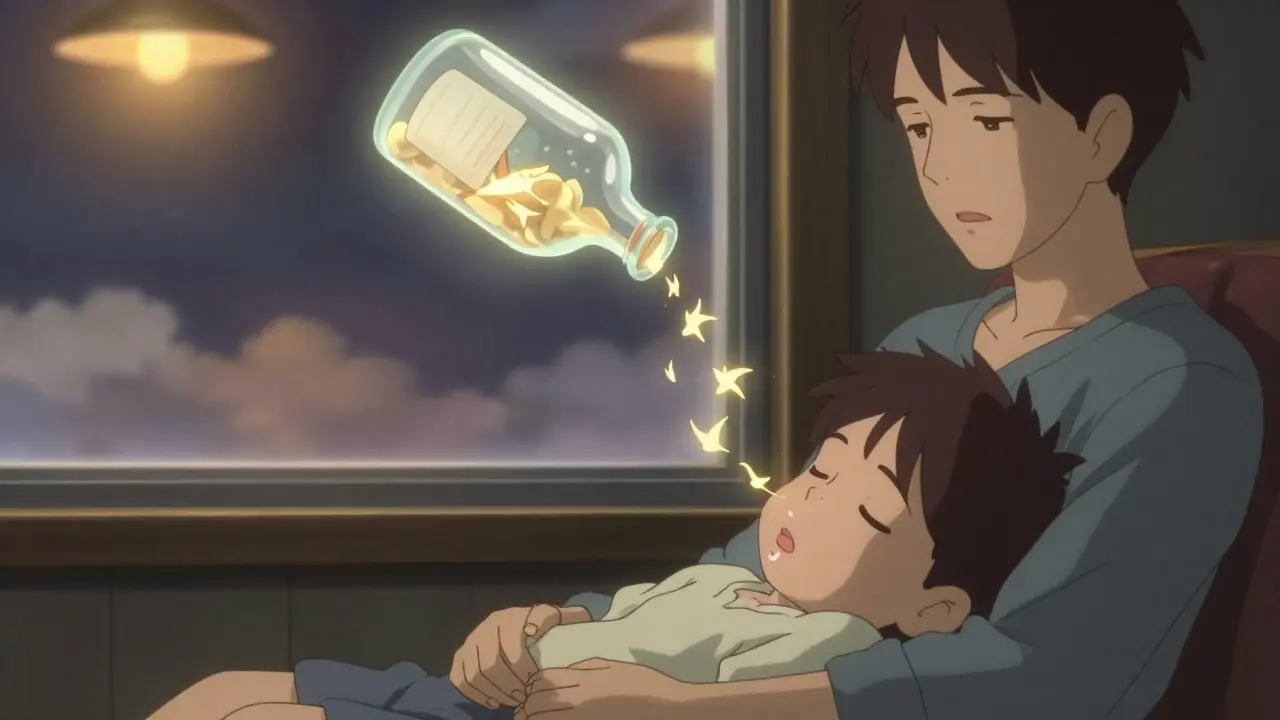 A sleeping child with a collapsed Eustachian tube, being gently awakened by spectral swallow-motifs from a floating bottle.