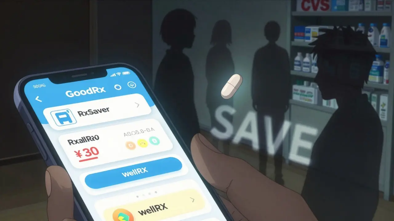A smartphone showing three discount apps with competing prices, while pharmacy silhouettes shift around a floating pill.
