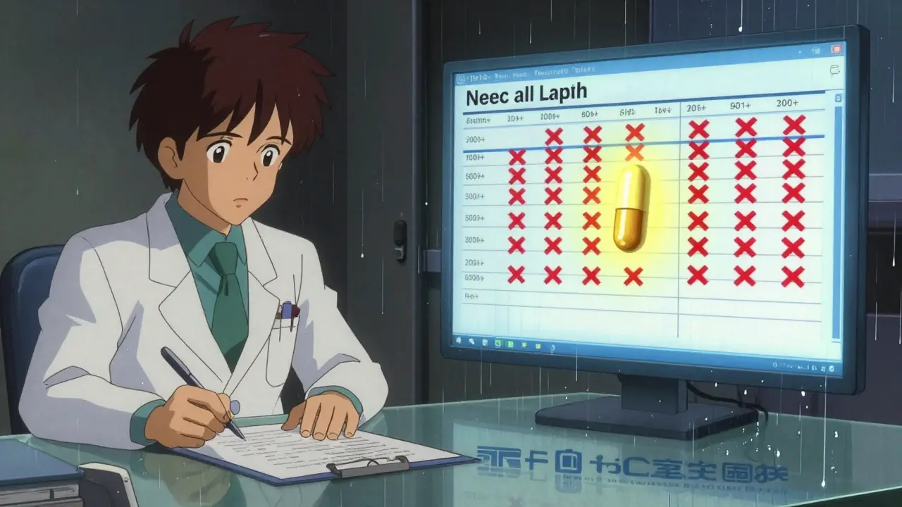 A split-panel medical letter and digital formulary with drugs disappearing into pixels.