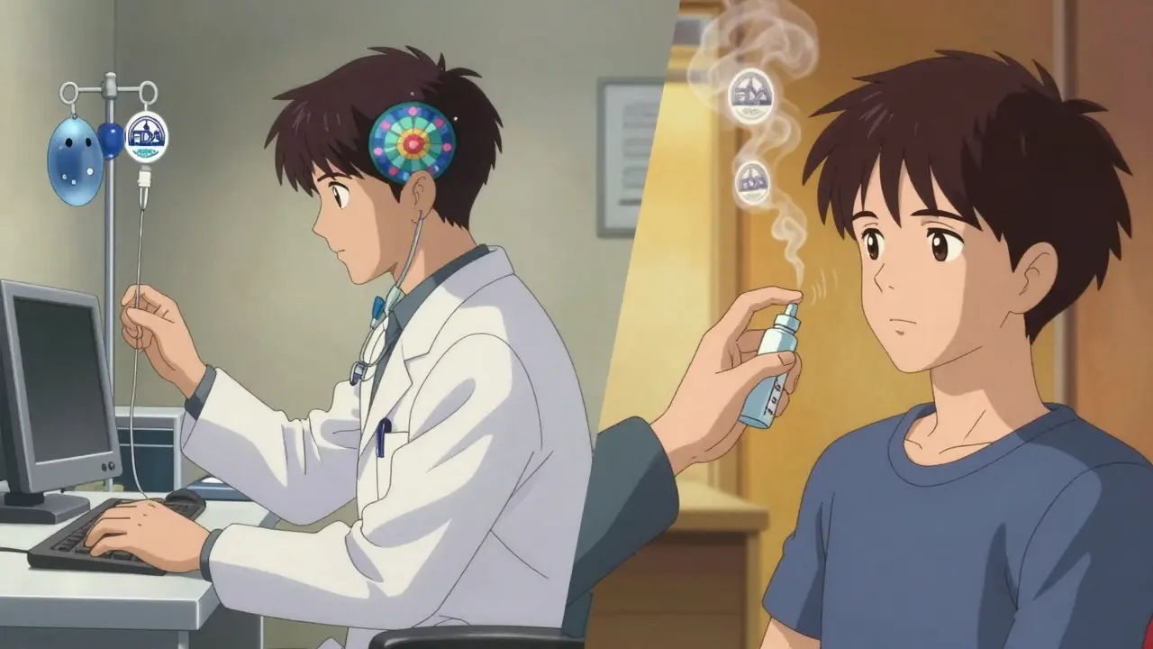 A split scene: one patient receiving IV ketamine with surreal visions, another receiving esketamine spray in a calm clinic setting.