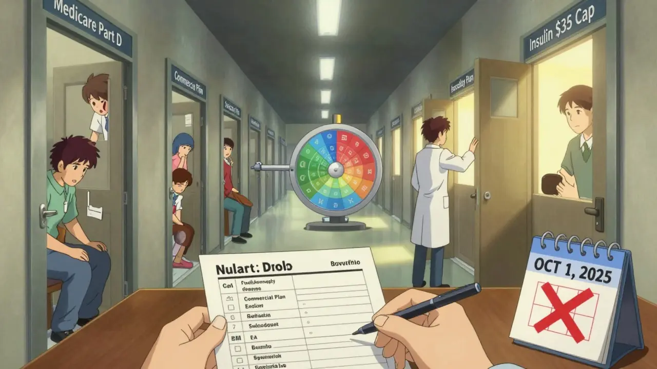 A surreal hallway of insurance plan doors, with a hand placing a checklist beside a calendar marked October 1, 2025.