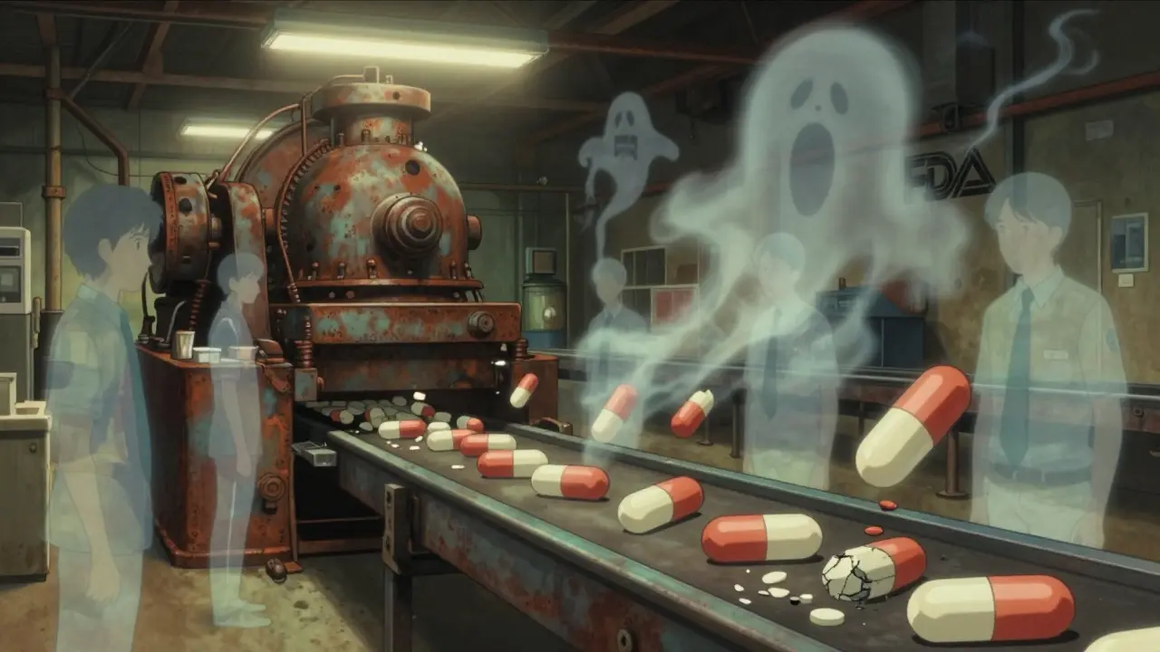 A surreal warehouse in India produces pills under flickering lights, with ghostly inspectors and dissolving pills floating above.